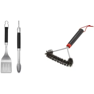 Weber 6763 Precision Grill Tongs & Spatula Set Premium Grillbesteck-2-teilig, Schwarz/Silber & Three-Sided Grill Brush Dreiseitige Grillbürste, 30 cm, Schwarz/Silber, 6277