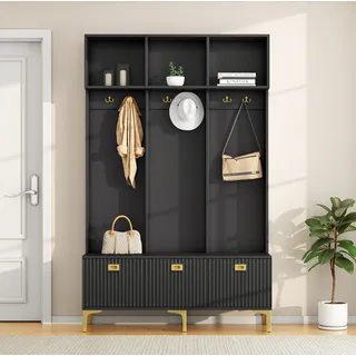 okwish Garderoben-Set Kompaktgarderoben-Set 120×40×191cm Kleiderschrank mit Bank,6 goldene Haken und Füße,Schwarz - Schwarz