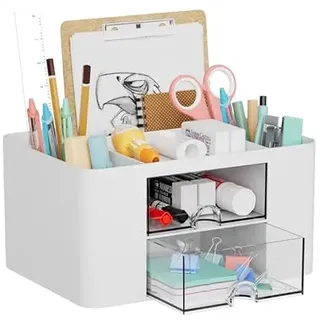 Marbrasse Schreibtisch Organizer mit Schubladen,Multifunktional Stiftehalter Schreibtisch mit 7 Fächer 2 Schubladen,Büro Organizer Zubehör(Weiß)