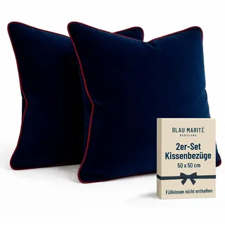 Blau Marité Kissenbezüge 50x50 cm – 2er Set aus weichem Samt – Dekokissen mit kontrastierendem Rand – Dunkelblau & Bordeaux – Ohne Füllung