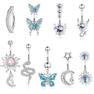 Milacolato 10Pcs 14G Bauchnabelstangen Für Frauen Edelstahl Bauchstange Herz Schlange Schmetterling CZ Dangly Bauchnabel Bars Langhanteln Bauchnabel Piercing Schmuck Silber