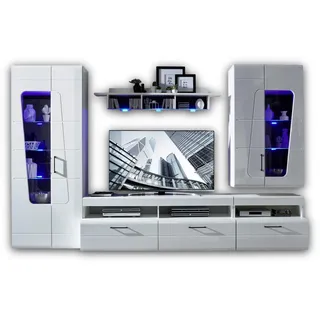 SPIRIT PLUS Wohnwand Komplett-Set Weiß Hochglanz mit LED-Beleuchtung | 330 x 209 x 47 cm (B/H/T), Schrankwand für das Wohnzimmer, Set mit Vitrinen, TV-Unterteil und Wandboard