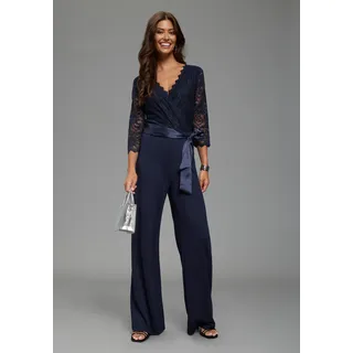 Jumpsuit LAURA SCOTT, Damen, Gr. 34, N-Gr, navy, Milano Rib, Obermaterial: 70% Viskose, 25% Polyester, 5% Elasthan. Spitze: 92% Polyamid, 8% Elasthan, leicht transparent, unifarben, figurbetont lang, V-Ausschnitt, Overalls Jumpsuit, mit Spitzenoberteil und Satin-Bindegürtel, Topseller
