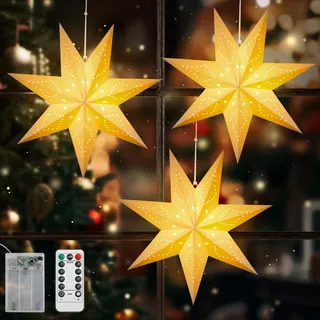 Lewondr Papier Stern Dekoration 3 Packungen, Weihnachten Papier Stern Laterne mit Fernbedienung, Hängelaterne Heptagramm mit Lichtern 6H Timer, Weihnachten Lichter für Urlaub Home Decoration