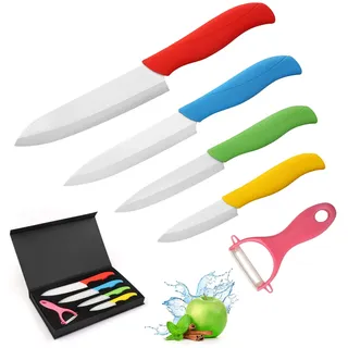 Ballery Keramikmesser Set, Kochmesser Sets mit 4 Keramikmesser und 1 Sparschäler mit Ergonomischem Griff Leicht und Scharf zum Schneiden Fleisch, Brot, Obst & Gemüse - Mehrfarbig