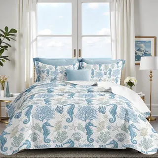 weesire Coastal Bedding Steppdecke für King-Size-Betten mit 2 Kissenbezügen, nautische Strand-Tagesdecke, hellblau, Ozeanküste, Sommer-Bettwäsche-Set für alle Jahreszeiten, 90 x 96 cm
