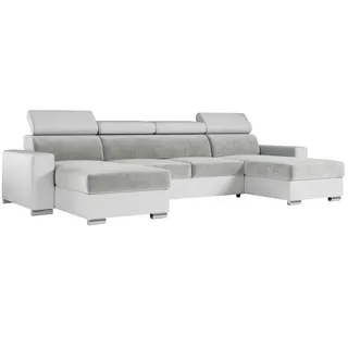MKS Wohnlandschaft FOX U Hellgrau/Weiß - Velvet/Kunstleder , Textil , U-Form , 306x98x168 cm , Wohnzimmer, Sofas & Couches, Wohnlandschaften, Wohnlandschaften in U-Form