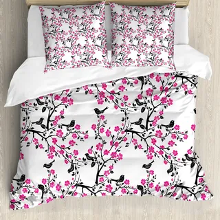 ABAKUHAUS Kirschblüte Bettbezug, Sakura-Baum-Vogel, Milbensicher Allergiker geeignet mit Kissenbezügen, 155 cm x 220 cm - 80 x 80 cm, Schwarz-Pink-Weiß - Schwarz