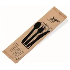 Besteckset (aus Holz FSC 100%) Messer-Gabel-Löffel+Serviette [50 Sets]