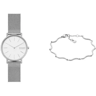 Skagen Damen Signatur Silberfarbene Edelstahl Uhr und Essential Waves Armband, Set