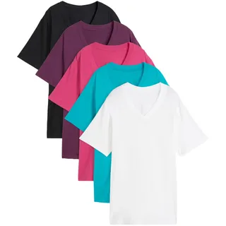 Longshirt BONPRIX "Weites Long-Shirt mit V-Ausschnitt, Kurzarm (5er Pack)", Damen, Gr. 48/50 (XL), smaragd, weinbeere, mittelfuchsia, weiß, schwarz, Jersey, Obermaterial: 100% Baumwolle, mehrfarbig, unifarben, loose fit normal, V-Ausschnitt, gerader Abschluss, Shirts Longshirt, lockere Passform, Kurzarm, mit V-Ausschnitt, unifarben, Topseller