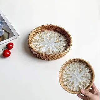 MSLSOZ Handgefertigtes Rattan Deko-Tablett, Rund mit Muschel-Blattmuster, 14 cm Durchmesser, Schmuck & Schlüssel Aufbewahrungsschale, Weidenkorb für Wohnaccessoires (Goldweiß Blattmuster)