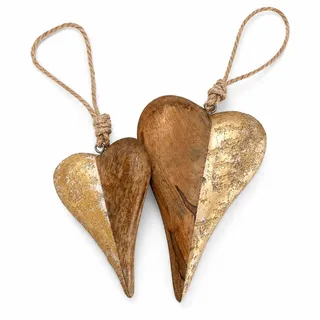 Holzherzen Deko 2er Set – Fensterdeko Wanddeko aus Mangoholz mit Gold | Herzanhänger zum Hängen, Boho Landhaus Stil, ideal als Türdeko & Hängedeko, ganzjährig einsetzbar