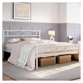 Metallbett 140 x 200 cm Bettrahmen mit hohem Kopfteil für Gästezimmer mit Lattenrost und Stauraum in Weiß - Weiß