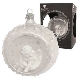 Krebs Glas Lauscha Weihnachtskugel mit Engel weiß