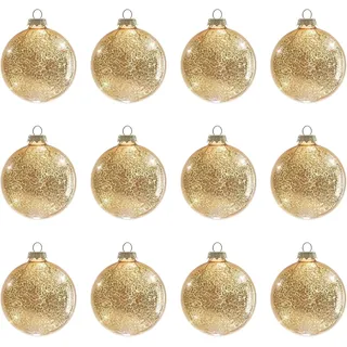 DN DECONATION Weihnachtskugeln Set, 12-teilig - Gold Mercury Glaskugeln 8cm mit Glitzer-Effekt, Luxus Christbaumkugeln mit Aufhängung für Weihnachtsbaum Deko, Neujahr & Halloween