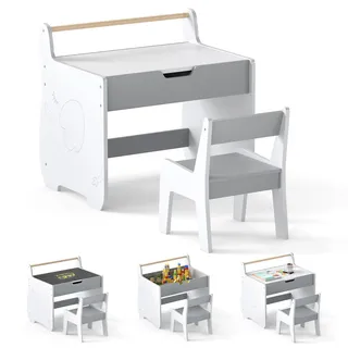 FANTASK 3 in 1 Kindertisch mit Stuhl, Kinder Tisch Stuhl Set mit Whiteboard & Kreidetafel & Stauraum, Kindersitzgruppe aus Holz mit Stauraum & Papierrollenhalter für Kinder ab 3 Jahren (Grau+Weiß)
