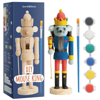 THE TWIDDLERS - Malen Sie Ihren eigenen hölzernen Nussknacker-Mauskönig, 20cm - Handgemachtes DIY-Set, traditionelles Rattenkönig-Ornament aus Kiefernholz, Weihnachtsdekoration mit beweglichen Teilen