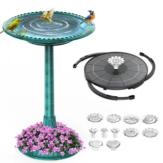 AISITIN Vogeltränke mit 3,5W Solar Springbrunnen, Futterplatz, Garten, Balkon Dekoration, Vogelbecken Vogel Futterstelle Tränke Bad für Balkon Terrasse Gartendeko Vogelbecken Bronzen Kunststoff Grün