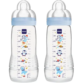 Mam Baby MAM Easy Active Trinkflasche im 2er-Set (330 ml), Baby Trinkflasche inklusive MAM Sauger Größe 2 aus SkinSoft Silikon, Milchflasche mit ergonomischer Form, 4+ Monate, Weltall