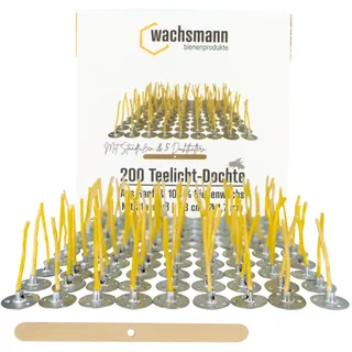 Wachsmann Kerzendochte Bienenwachs – 100x Hanf-Dochte für Teelichter selber Machen – 3 cm Wachsdocht mit Fuß & Holzhalter – Paraffinfrei & Naturwachs