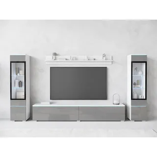 Home Affaire Wohnwand HOME AFFAIRE "VERA II", grau (weiß, grau hochglanz), B:260cm H:130cm T:33cm, Kastenmöbel-Sets, Wohnwand, Vitrine mit Verglasung, stehend und hängend, inklusive Beleuchtung