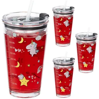 Relaxdays Kindergläser 4er Set, Einhorn-Motiv, Trinkglas Kinder, Deckel & Strohhalm, 450 ml Skala, Saftglas, transparent