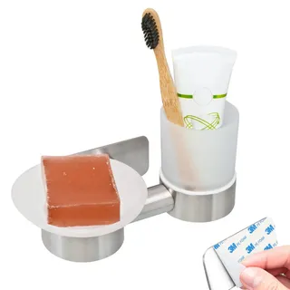 bremermann Wandhalter Piazza Tape mit Zahnputzbecher und Seifenschale, aus Glas und Edelstahl , Edelstahlfarben , Metall , 20x10x13 cm , Badaccessoires, Zahnputzbecher