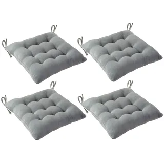 Weiche Samt-Sitzpolster für Esszimmerstühle, 40 x 40 cm, quadratisches Kissen mit fixierbaren Bändern, 4 Stück, Grau, bequeme Kissen für Gartenstuhl, Büro