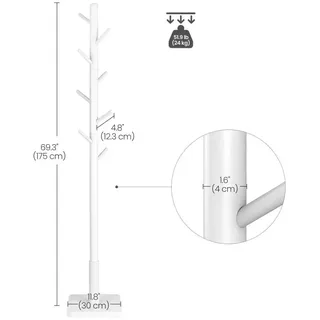 VASAGLE Garderobenständer Massivholz Weiß 30 x 30 x 175 cm