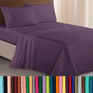 Elegant Comfort Luxuriöses 1500 Premium-Bettwäsche-Set, Mikrofaser, Hotelqualität, dreireihig bestickt, weichstes 4-teiliges Bettlaken-Set, knitter- und lichtbeständig, California King, Auberginenlila