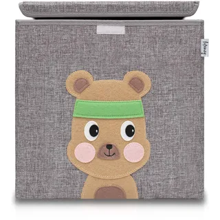 LIFENEY Aufbewahrungsbox mit Deckel und Bär I Spielzeugbox mit Tiermotiv passend für Würfelregale I Ordnungsbox für das Kinderzimmer I Aufbewahrungskorb Kinder
