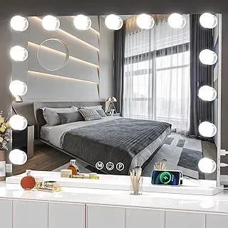 Schminkspiegel mit Beleuchtung Hollywood Spiegel, Vanity Mirror mit 15 LED Klein Kosmetikspiegel mit Licht Drehung Tischspiegel 3 Modi Schminktischspiegel, Touch Control, 58x46 CM (Weiß, 5846)