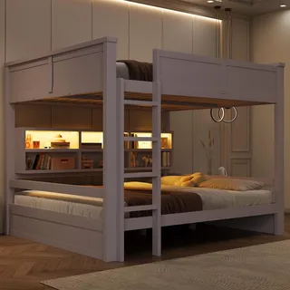 Merax 160x200cm Etagenbett, mit 6 Stauraumschränken, LED-Licht, Massivholz, Kinderbett, Stockbett, Jugendbett, Braun - Braun