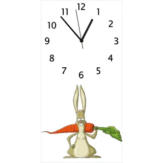 Wallario Design Wanduhr Lustiger Hase mit Möhre im Comic Stil aus Echtglas, Größe 30 x 60 cm - Weiß