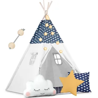 Nukido Tipi Zelt Für Kinder Tippi Kinderzelt Montessori Spielzelt Lesezelt Kinderspielzelt Für Drinnen Mit Lichtern Zeltstabilisator Dekokissen Girlande Weiß Dunkelblau 120 x 120 x 165 cm