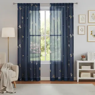 Jubilantex Durchsichtige Vorhänge mit Schmetterling, Marineblau, mit goldfarbenem Druckmuster, 213 cm lang, Kinderzimmer, Schlafzimmer, Voile, Leinenstruktur, Fenstervorhänge, 2 Paneele
