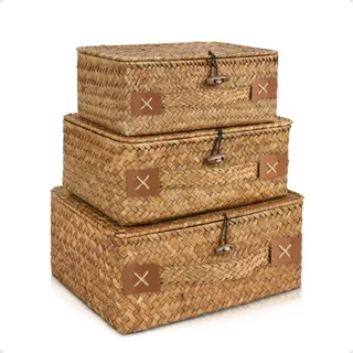 HUALIANG Rattan Aufbewahrung Korb mit Deckel,3 Pieces Natürliches Seegras Geflochtener Regalkörbe,Multifunktionaler Aufbewahrungsbox zum von Spielzeug Kosmetika badezimmer toilettenpapier aufbewahrung