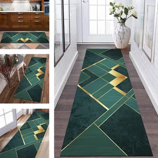 Teppich Läufer Lang Flur Küche rutschfest waschbar Küchenläufer Polyester 60X150CM Korridor Teppichläufer Grün Gold Modern Schlafzimmer Wohnzimmer Küchenteppich Meterware Teppichmatten Flurläufer