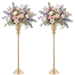 NUPTIO Blumenständer Metall Gold Vase: 2 Stück 77.5cm Hoch Blumenvase Hochzeit Ständer Trompete Vasen Metall für Goldene Hochzeit Mittelstücke Tischdeko Party Tafelaufsätze