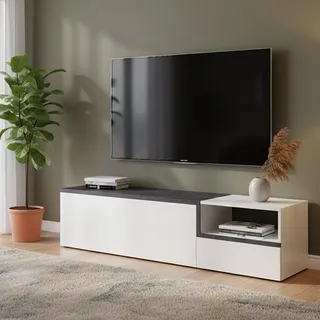 Dmora - TV-Schrank Lapo, niedriges Wohnzimmer-Sideboard mit 2 Türen, Fernsehständer-Basis, 100 % Made in Italy, 160 x 40 x 46 cm, glänzendes Weiß und Schiefer,