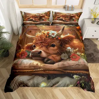 Homewish Niedliche Highland Kuh Bettbezug für Kinder Lustige Kuh Kalb Bettwäsche Set 135x200 Westliche Bauernhof Tier mit Daisy Blumen Tröster Abdeckung mit 1 Kissenbezug Bett Set