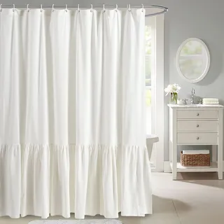 YoKii Meerjungfrau-Rüschen-Duschvorhang, 100% Baumwolle, elfenbeinfarben, Shabby Chic, Boho, Bauernhaus, Landhausstil, ästhetische Badezimmer-Dekoration