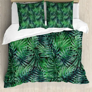ABAKUHAUS Blatt Bettbezug Set, Aquarelles Altes Design Druck Von Den Tropischen Palmen Exotische Wald Blätter, 155 x 220 cm + 80 x 80 cm, Grün Dunkelgrün - Grün, dunkelgrün