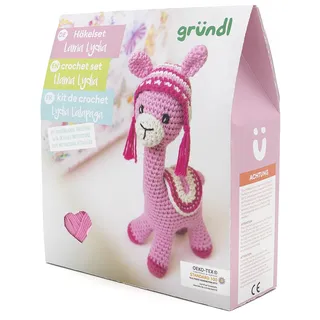 Gründl Wolle zum Häkeln - Häkelset Lama Lydia 18 cm - 6-teiliges Set aus Häkelwolle - 100% Baumwolle waschbar bei 30°C im Schonwaschgang - Ökotex 100 zertifiziert