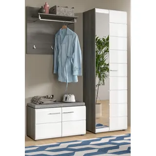 Garderobe Set 3-teilig "Rumba" weiß Hochglanz und grau 155 cm mit Sitzkissen - Weiß, Grau