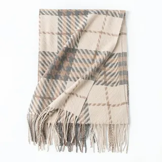 Gyios Schals & Tücher für Damen Winter Plaid Weicher Schalsche Scheck Kaschmirschals Wraps Für Frauen Warm Drehende Quastenschal-5 Grau Beige-65 * 200 cm