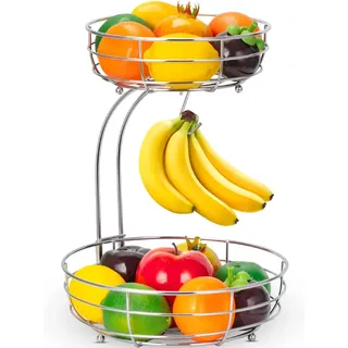Bomclap Obstkorb mit Bananenhalter - 2 Stöckig Obstschale aus Metall - Küche Stehend Moderne Obstschalen - Dekorativer Gemüsekorb Obstschale - Silber