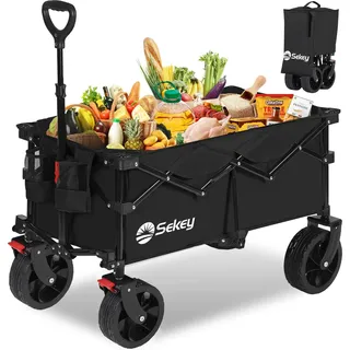 Sekey XXL 4020 Bollerwagen Faltbar 150L 150KG All-Terrain Reifen | Faltbollerwagen Breite Räder mit Bremse Handwagen, Patentiert 4-Wege-Sofortaufbau Transportwagen, Schwarz