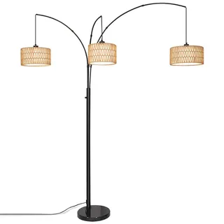 180cm Stehlampe Wohnzimmer Mit Rattan Lampenschirm, Boho Led Ecke Stehleuchte Dimmbar Vintage Bogenlampe 3-Flammige Hohe Lampe Schlafzimmer Büro - Schwarz